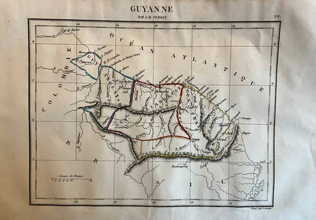 The Three Guyana’s of South America by A. Perrot: Title: The Three Guyana’s of South America by A. PerrotDate/Period: 1837Materials: Hand colored steel engravingSize: 7 x 10 3/4” This is a map of the three Guyanas - British, Dutch