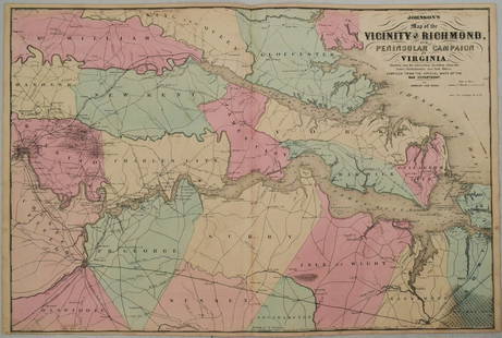 1862 Johnson Map of Civil War Virginia East of Richmond -- Johnson's Map of the Vicinity of: Title: 1862 Johnson Map of Civil War Virginia East of Richmond -- Johnson's Map of the Vicinity of Richmond, and Peninsular Campaign in VirginiaCartographer: Johnson & WardYear / Place: 1862, New