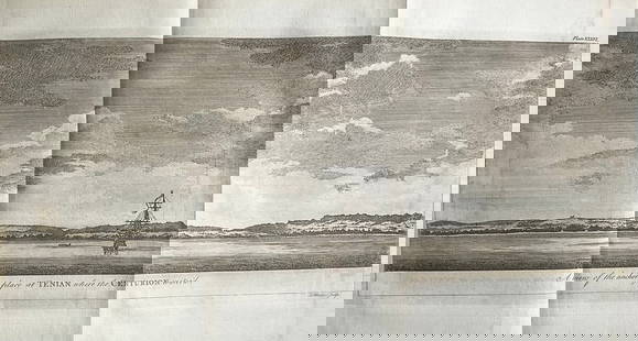 1756 Tinian. Pirate’s View of the Anchoring Place by the English pirate G. Anson: Title: 1756 Tinian. Pirate’s View of the Anchoring Place by the English pirate G. Anson Date/Period: 1756 Materials: Copperplate engravedSize: 20 1/4” x 11” This 1756 copperplate eng