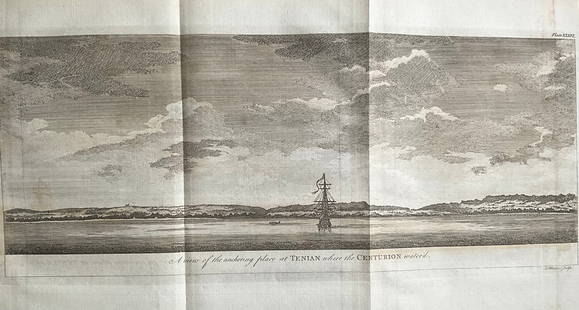 1756 Tinian. Pirate&#8217;s View of the Anchoring Place by the English pirate G. Anson: Title: 1756 Tinian. Pirate&#8217;s View of the Anchoring Place by the English pirate G. Anson Date/Period: 1756 Materials: Copperplate engravedSize: 20 1/4&#8221; x 11&#8221; This 1756 copperplate eng