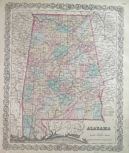 1859 Map of Alabama by Colton: Title: 1859 Map of Alabama by Colton Date/Period: 1859 Materials: Steel engravedSize: 17 1/2 x 14 1/2&#8221; Alabama. From before the civil war. By J. H. Colton & G. W. Colton. From "General Atlas". P