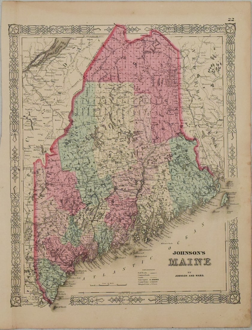 1863 Johnson Map of Maine -- Johnson's Maine: Title: 1863 Johnson Map of Maine -- Johnson's Maine Cartographer: Johnson & Ward Year / Place: 1863, New York Map Dimension (in.): 15.9 X 12.7 in. This is an excellent map of Maine. Plenty of detail i
