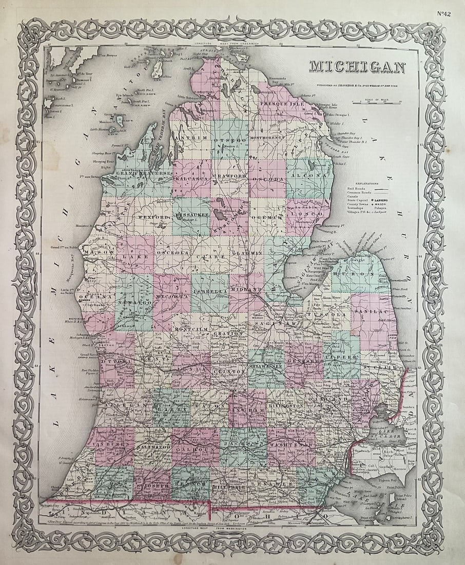 1859 Michigan by Colton: Title: 1859 Michigan by Colton Date/Period: 1859 Materials: Steel engraved Size: 17 1/2 x 14 1/2” Michigan. By J. H. Colton & G. W. Colton. From "General Atlas". Published in New York. Hand-colo