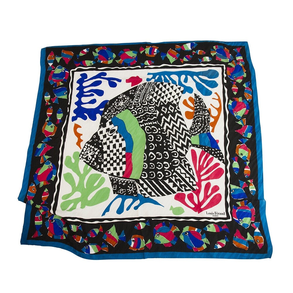 Louis Feraud Paris Vintage Square Silk Scarf Fish & corals colorful print (1 of 5)