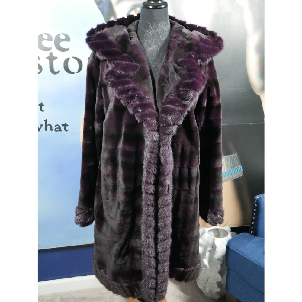 Brand New $21K Purple Sheared & Long Hair Reversible Hooded Mink Fur Coat (1 of 11)
