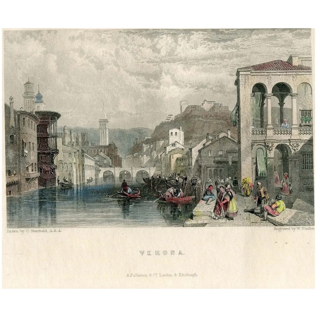 Verona (Italy). Antique engraving, 1833.: Title: Verona (Italy). Engraver: William Finden (British, 1787 – 1852). Artist: after Clarkson Frederick Stanfield (British, 1793 – 1867). Description: hand-coloured original antique engra