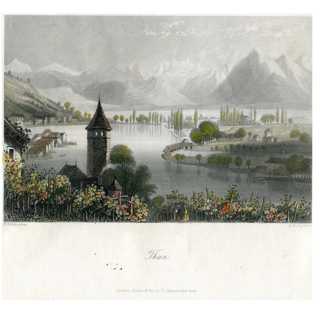 Thun (Switzerland). Original antique engraving.: Title: Thun (Switzerland). Artist: after H. Bibby (19thC-) Engraver: Albert Henry Payne (1812-1902). Image size: 10,4 x15,6 cms. Media: hand coloured antique steel engraving on thinck wove pape. Condi
