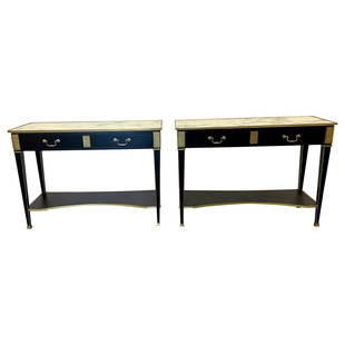 Pair Hollywood Regency Neoclassical Ebony Console / Sofa Tables, Manner Jansen: Title: Pair Hollywood Regency Neoclassical Ebony Console / Sofa Tables, Manner JansenDescription: Pair of Hollywood Regency Neoclassical Ebony Console or sofa tables, Manner of Maison Jansen Pair of