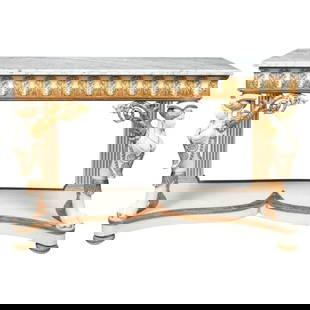 Italian Empire White Painted and Parcel-Gilt Console Table, circa 1825: Title: Italian Empire White Painted and Parcel-Gilt Console Table, circa 1825 Description: Simply stunning Italian Empire white painted and parcel-gilt decorated console table, circa 1825. The white m