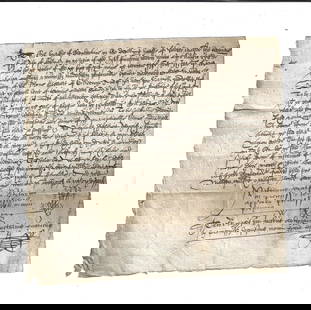 1591 Scottish Legal Document Reign of James VI: A nicely penned legal document on paper dated 1591 during the reign of James VI of Scotland. In Scots English interspersed with some Latin. Notarial signatures at end. Fine condition, measures 7 x 7.2