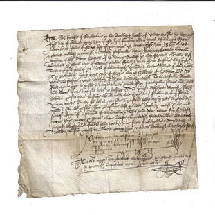 1591 Scottish Legal Document Reign of James VI: A nicely penned legal document on paper dated 1591 during the reign of James VI of Scotland. In Scots English interspersed with some Latin. Notarial signatures at end. Fine condition, measures 7 x 7.2