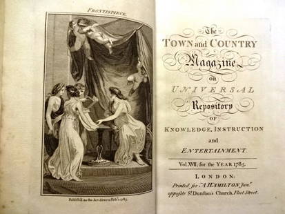 1785 Volume Magazine Voyages Engravings: The Town and Country Magazine or Universal Repository of Knowledge, Instruction, and Entertainment Vol XVII for the Year 1785, printed at London for A Hamilton. All twelve issues and Supplement bound