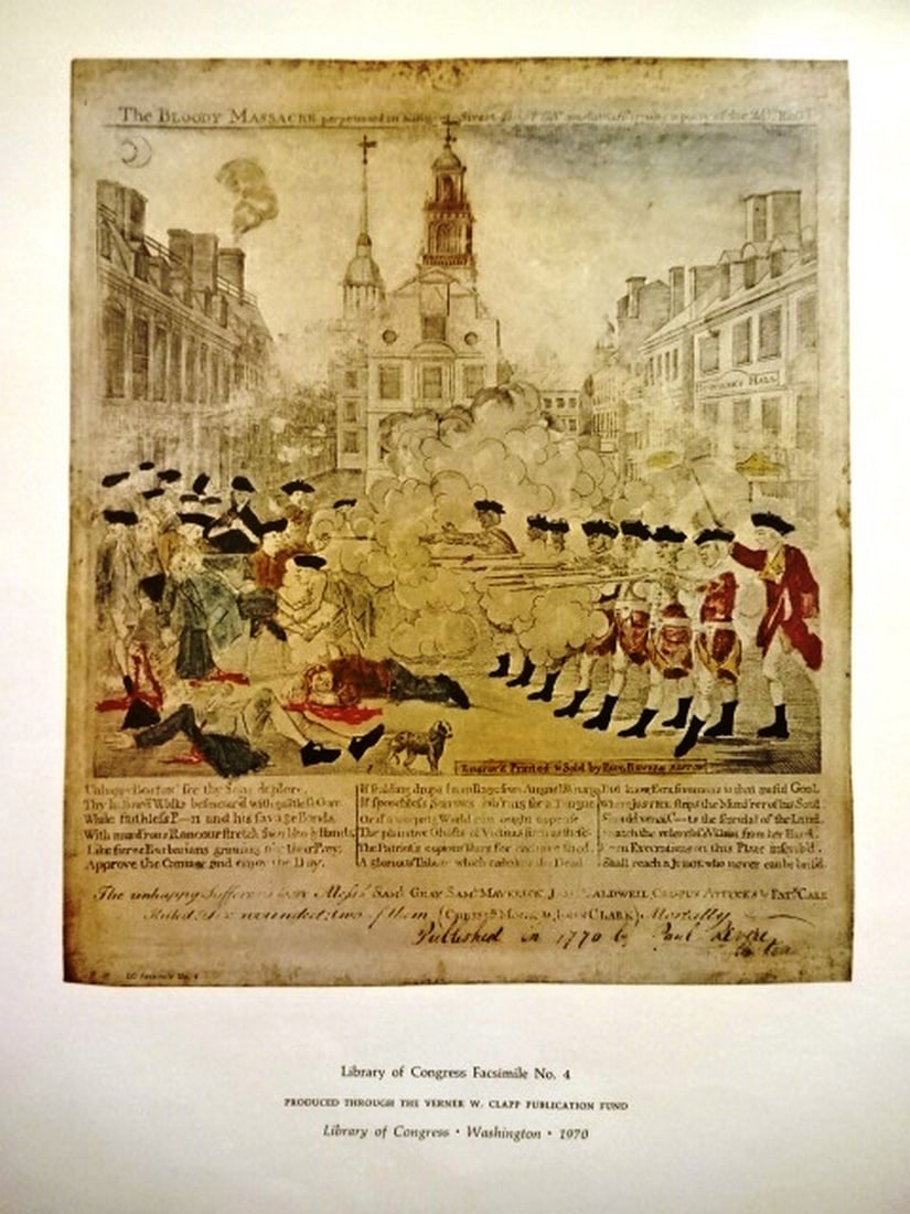 Boston Massacre Limited Edition Reprint: In Facsimilie The Boston Massacre by Paul Revere, limited edition of 150 issued by the Library of Congress. In red portfolio, printed 1970 marking the 200th anniversary, The portfolio with text and th