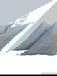 Slate Blue Horizon Pillow: Title: Slate Blue Horizon Pillow Provenance: Region: Handmade in Morocco Materials: The silks are naturally dyed. Condition: Perfect, clean, no damage, no stain at all Manufacturing: By hand Size: 24
