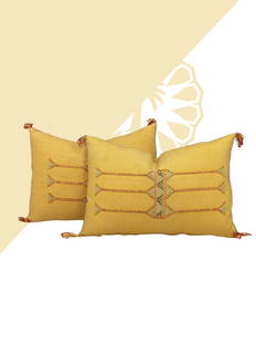 Sunflower Fields Pillow: Title: Sunflower Fields Pillow Provenance: Region: Handmade in Morocco Materials: The silks are naturally dyed. Condition: Perfect, clean, no damage, no stain at all Manufacturing: By hand Size: 33cm