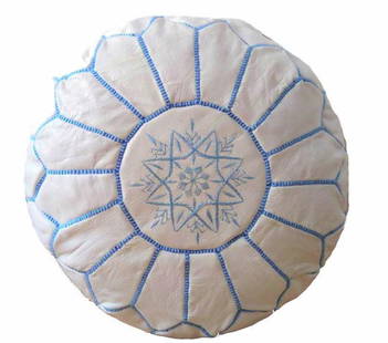 Moroccan Leather Ottoman - White & Turquoise Embroidery: Title: Moroccan Leather Ottoman - White & Turquoise Embroidery Provenance: Made: Handmade in Morocco Materials: 100% original leather No bad Leather Smell Size: 21? in x 13? in (53 x 33 cm) Stuffing: