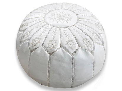 Moroccan Leather Ottoman - White - Flowers: Title: Moroccan Leather Ottoman - White - Flowers Provenance: Made: Handmade in Morocco Materials: 100% original leather No bad Leather Smell Size: 21? in x 13? in (53 x 33 cm) Stuffing: unfilled worl