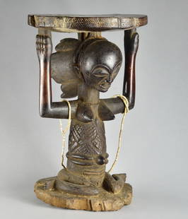 LUBA exceptional caryatid stool tabouret seat Congo African Tribal Art 1412: CONGO DRC Beautiful LUBA Caryatid Stool Magnificent old seat (first half of the 20th century, probably first quarter), very representative of the typical style of the Luvua workshops The workshop iden