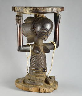 LUBA exceptional caryatid stool tabouret seat Congo African Tribal Art 1412: CONGO DRC Beautiful LUBA Caryatid Stool Magnificent old seat (first half of the 20th century, probably first quarter), very representative of the typical style of the Luvua workshops The workshop