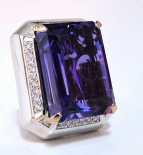 37.23Ct Natural Amethyst Diamond Ring 18 Karat Cocktail Cluster: Amethyst Halo Domed Cluster Ring 37.23t. Brilliant Natural Amethyst Emerald Cut Clean VVS Clarity Beautiful purple sparkles throughout Transparency A+ 24.8 x 18mm Side natural diamonds total: .50ct. B