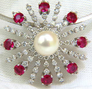 5.75CT NATURAL GEM RUBY DIAMOND 3D STAR BURST PEARL PENDANT +: ONLY MAGNIFICENT JEWELS Star Burst 3d Pendant and necklace 9.50mm Cultured Pearl Excellent luster No pits nicks or dents. 3.00ct. Natural Red Rubies Very Clean clarity excellent transparency Classic P