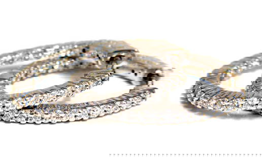 .86ct natural round brilliant in/out diamond hoop earrings 14kt g/vs: Modern, In & Out. .86ct. Natural Round, Brilliant diamonds hoop earrings. inside / out G color, VS-2 clarity Full cuts, great sparkle. .89 inch in diameter 5.2 grams. 14kt. white gold. Button press Lo