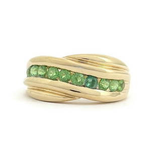 Estate Green Peridot Emerald Gemstone Band Ring 14K Yellow Gold, 6.26 Grams: Estate Green Peridot Emerald Gemstone Band Ring 14K Yellow Gold, 6.26 Grams Make a statement with this lovely ring! Please let us know if you have any questions. Gemstone: 9 round green