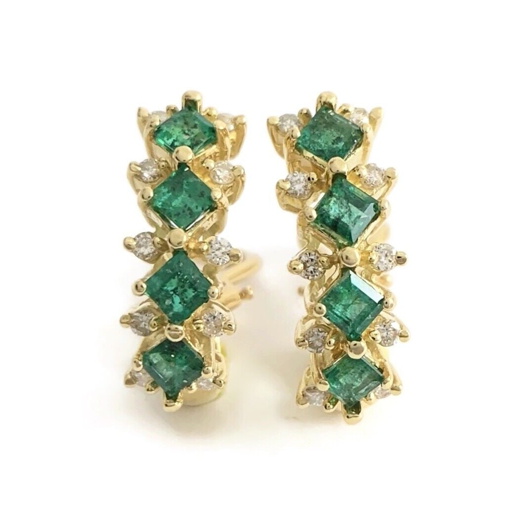 Princess Green Emerald Diamond Gemstone Drop Earrings 14K Yellow Gold, 5.43 Gram (1 of 7)