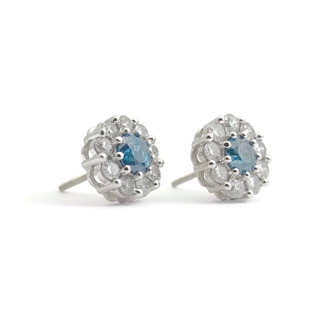 Blue White Diamond Halo Stud Flower Earrings 14K White Gold, 1.20 CTW, 2.58 Gram (1 of 8)