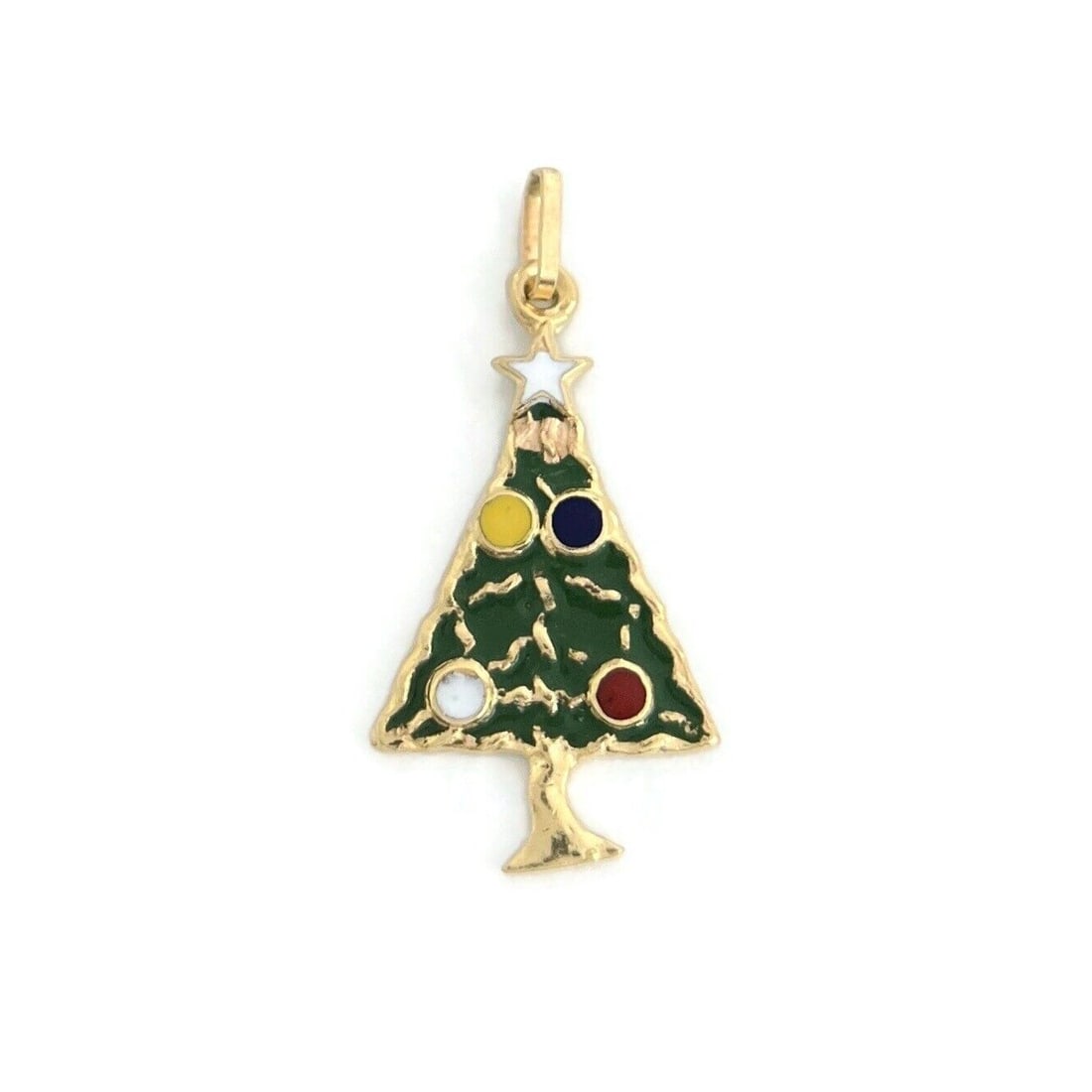 Vintage Enamel Christmas Tree Charm Pendant 14K Yellow Gold, 1.31 Grams: Vintage Enamel Christmas Tree Charm Pendant 14K Yellow Gold, 1.31 Grams This is such a unique and festive holiday pendant charm. Please let us know if you have any questions. Circa: 1980's Enamel: gre