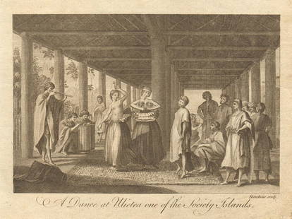 A dance at Ulietea one of the Society Islands. Raiatea, Polynesia. BANKES 1789: CAPTION PRINTED BELOW PICTURE: 'A dance at Ulietea one of the Society Islands' Raiatea DATE PRINTED: 1789 IMAGE SIZE: Approx 14.0 x 19.0cm, 5.5 x 7.5 inches (Medium) TYPE: Antique copperplate print CO