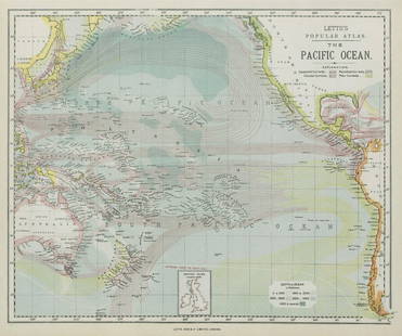 PACIFIC OCEAN & ISLANDS. Australasia. Currents. LETTS 1884 old antique map: TITLE/CONTENT OF MAP: 'The Pacific Ocean; Inset map of British Isles' DATE PRINTED: 1884 IMAGE SIZE: Approx 34.5 x 41.5cm, 13.75 x 16.25 inches (Large) TYPE: Antique colour atlas map CONDITION: