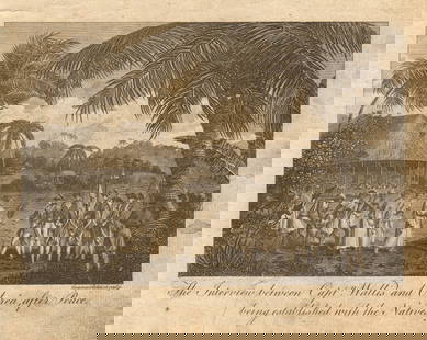 Capt. Wallis meeting Oberea upon peace treaty. Queen Purea, Tahiti. BANKES 1789: CAPTION PRINTED BELOW PICTURE: 'The interview between Captn Wallis and Oberea, after peace being established with the natives' Queen Purea DATE PRINTED: 1789 IMAGE SIZE: Approx 15.5 x 19.5cm, 6 x 7.75
