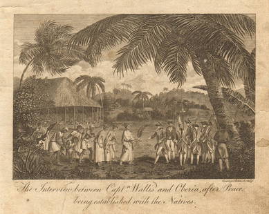 Capt. Wallis meeting Oberea upon peace treaty. Queen Purea, Tahiti. BANKES 1789: CAPTION PRINTED BELOW PICTURE: 'The interview between Captn Wallis and Oberea, after peace being established with the natives' Queen Purea DATE PRINTED: 1789 IMAGE SIZE: Approx 15.5 x 19.5cm, 6 x