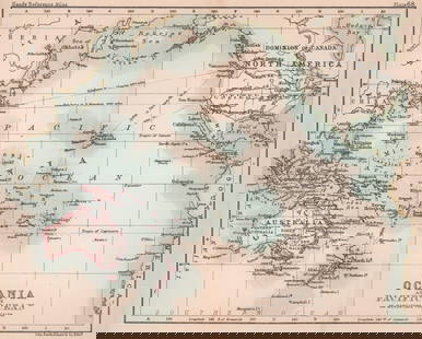 Oceania & the Pacific Ocean. BARTHOLOMEW 1893 old antique map plan chart: CAPTION PRINTED BELOW PICTURE: 'Oceania & the Pacific Ocean' DATE PRINTED: 1893 IMAGE SIZE: Approx 16.5 x 20.5cm, 6.25 x 8 inches (Medium); Please note that this is a folding map. TYPE: Antique colour
