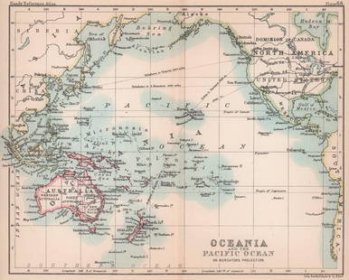 Oceania & the Pacific Ocean. BARTHOLOMEW 1893 old antique map plan chart: CAPTION PRINTED BELOW PICTURE: 'Oceania & the Pacific Ocean' DATE PRINTED: 1893 IMAGE SIZE: Approx 16.5 x 20.5cm, 6.25 x 8 inches (Medium); Please note that this is a folding map. TYPE: Antique colour