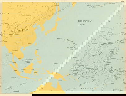 Pacific Ocean theatre 1944/45. World War 2 1965 old vintage map plan chart: TITLE/CONTENT OF MAP: 'The Pacific (1944-45)' DATE PRINTED: 1965 IMAGE SIZE: Approx 21.5 x 28.5cm, 8.5 x 11.25 inches (Medium); Please note that this is a folding map. TYPE: Vintage colour military hi