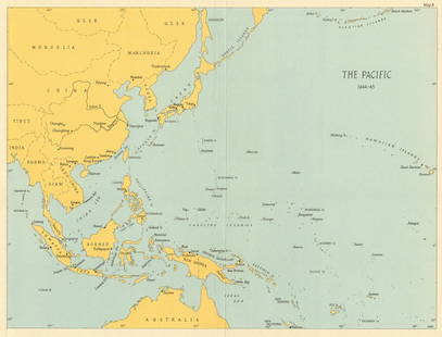 Pacific Ocean theatre 1944/45. World War 2 1965 old vintage map plan chart: TITLE/CONTENT OF MAP: 'The Pacific (1944-45)' DATE PRINTED: 1965 IMAGE SIZE: Approx 21.5 x 28.5cm, 8.5 x 11.25 inches (Medium); Please note that this is a folding map. TYPE: Vintage colour