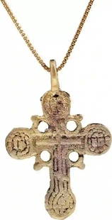 SUPERB EASTERN EUROPEAN CROSS, 17TH-18TH CENTURY: Gilt bronze, just under 1 1/2" total height. Modeled in good relief with raised border, central vacant cross (no Corpus Christi) with panels at the cross beam terminals, possibly depicting saints. Rev