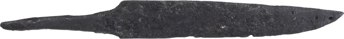 ANCIENT VIKING SIDE OR POUCH KNIFE, 9th-10th C.AD: The small personal knives that Vikings valued above the scramseax and with which they were buried. Proportioned for throat-slashing in a hand-to-hand fight. This example is just over 3 1/8" in length 