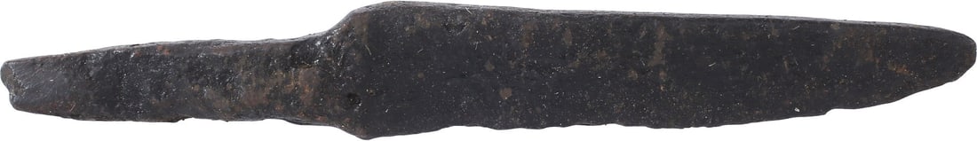 VIKING POUCH KNIFE- 9th-11th CENTURY: 2 5/8" total length. Wedge section for slashing. Straight back with a slightly curved point. Whittle tang, to secure it to the wood, bone, or antler grip, now perished. Stable oxidation with a good pr