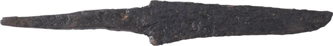 VIKING POUCH KNIFE, 9TH-11TH CENTURY: Slightly under 3" total length. Thin section for slashing. Whittle tang, to secure it to the wood, bone, or antler grip, now perished. Quite crisp with minimal degradation. These side or pouch knives 