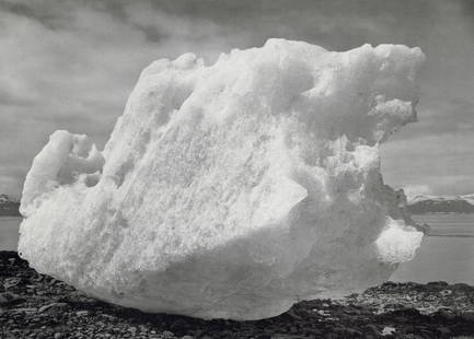 ANSEL ADAMS - Grounded Iceberg, Glacier Bay, Alaska: Artist: Ansel AdamsTitle: Grounded Iceberg, Glacier Bay National Monument, Alaska, 1948Medium: Duotone Photo Litho, 1990, USADimensions: 14.45x11.55"Description: Heat Wax Mounted on 14x18"