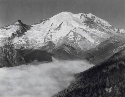 ANSEL ADAMS - Mount Rainier, Sunrise, Washington 1948: Artist: Ansel AdamsTitle: Mount Rainier, Sunrise, Mount Rainier National Park, Washington, 1948Medium: Photo Litho, 1990, USADimensions: 11.2x8.7"Description: Heat Wax Mounted on 11x14" Conservation