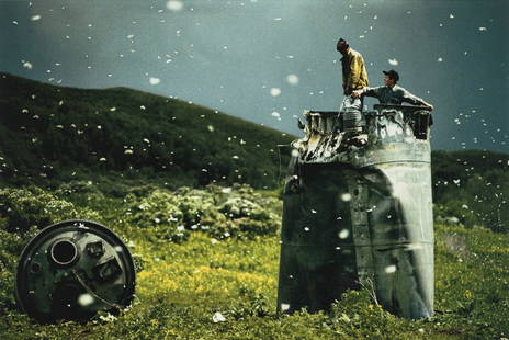 JONAS BENDIKSEN - Collecting Scrap from Spacecraft: Artist: Jonas BendiksenTitle: Villagers Collecting Scrap from a Crashed Spacecraft, surrounded by thousands of white butterflies, Altai Territory, Russia, 2000Medium: Photo Litho, 2008,