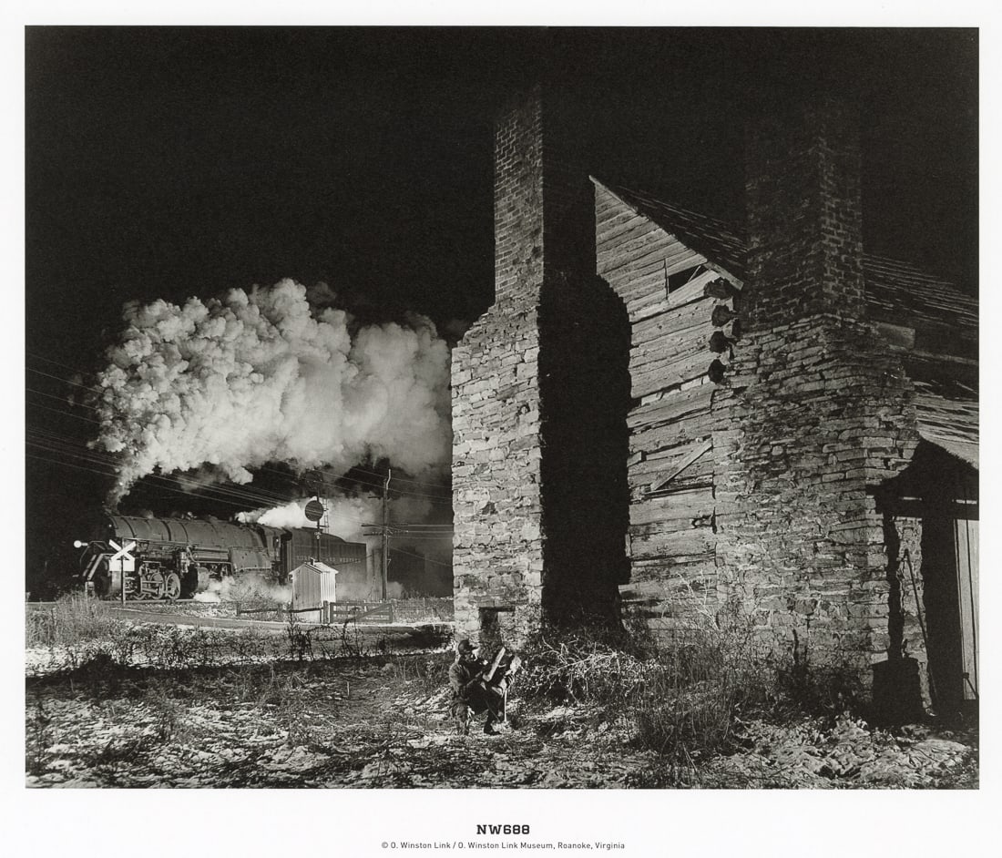 O. WINSTON LINK - James Harless, 200-Year-Old Cabin: Artist: O. Winston Link Title: James Harless and His 200-Year-Old Log Cabin, With Time Freight No. 96 Near Vesuvius, Virginia, 1955 Medium: Photo Litho, 2019, Germany Dimensions: 10.05x7.95" Descripti
