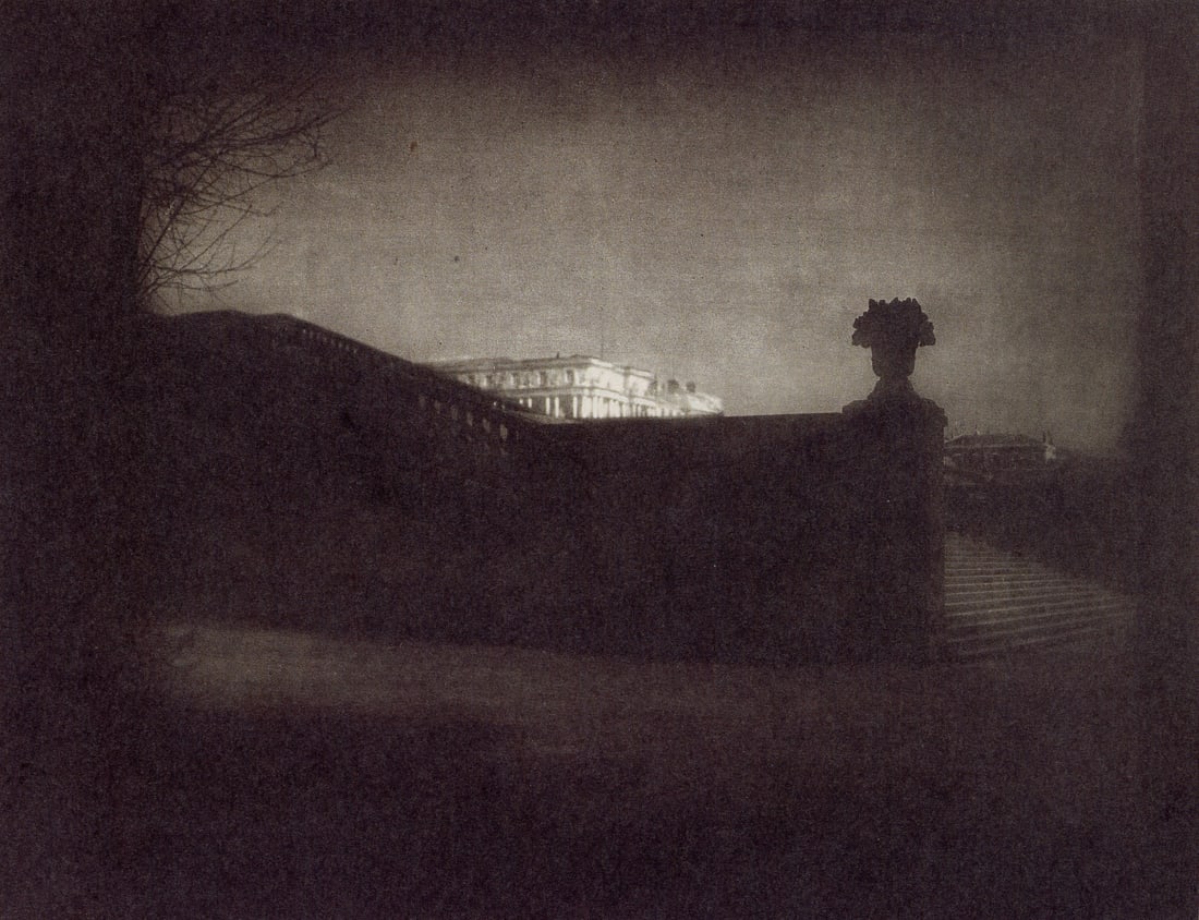 EDWARD STEICHEN - Nocturne-Orangerie, Staircase 1908: Artist: Edward Steichen Title: Nocturne-Orangerie, Staircase, Versailles, 1908 Medium: Photo Litho, 2012, Italy Dimensions: 7.05x5.4" Description: Heat Wax Mounted on 8.5x11" Conservation Board Artist