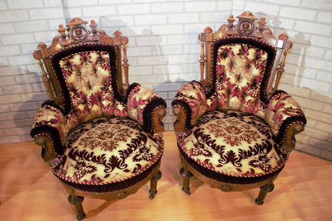 Victorian Renaissance Revival John Jelliff Carved Bergere Chairs Newly Upholstered - Pair: Antique Victorian Renaissance Revival John Jelliff Hand Carved Ornate Walnut Bergere Chairs with Front Casters Newly Upholstered in High End Italian "Cabernet" Mohair with Tufted Patterned Velvet - Pa