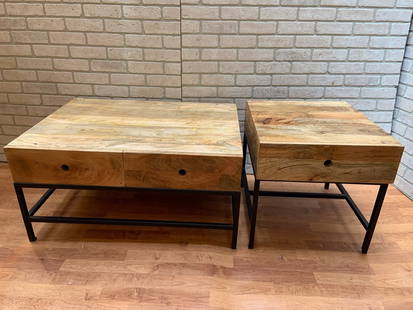Industrial Rustic Hand Carved Teak Wood and Steel Side and Coffee Table - Set of 2: Industrial Rustic Hand Carved Teak Wood and Steel Side and Coffee Table - Set of 2 - Side Table has One Drawer - Coffee Table has Two Drawers Side Table D 23” W 20” H 21” Coffee Tabl