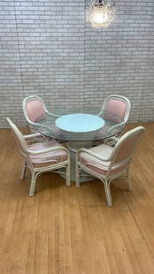 Mid Century Modern McGuire Cane - 6 Piece Dining Set: Mid Century Modern McGuire Cane - 6 Piece Dining Set Mid Century modern original McGuire pink and white woven rattan armchairs with classic McGuire white shaft of wheat base, round glass top dining ta